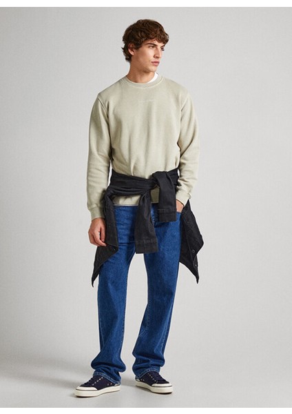Açık Bej Erkek Bisiklet Slim Fit Baskılı Sweatshirt PM582562 833 Dave Crew