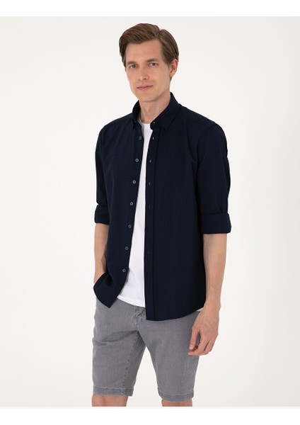 Lacivert Slim Fit Uzun Kollu Gömlek