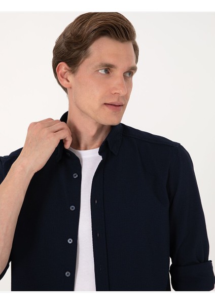 Lacivert Slim Fit Uzun Kollu Gömlek