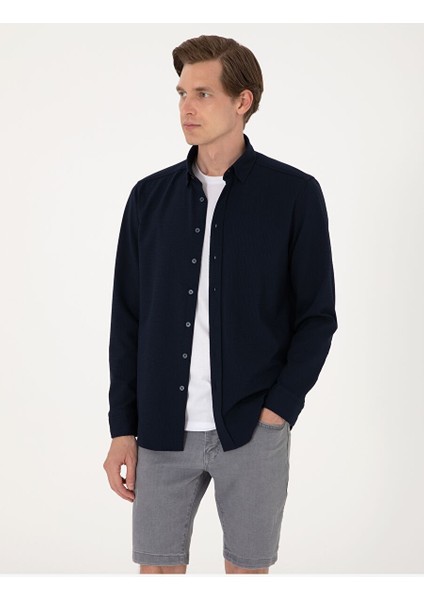 Lacivert Slim Fit Uzun Kollu Gömlek