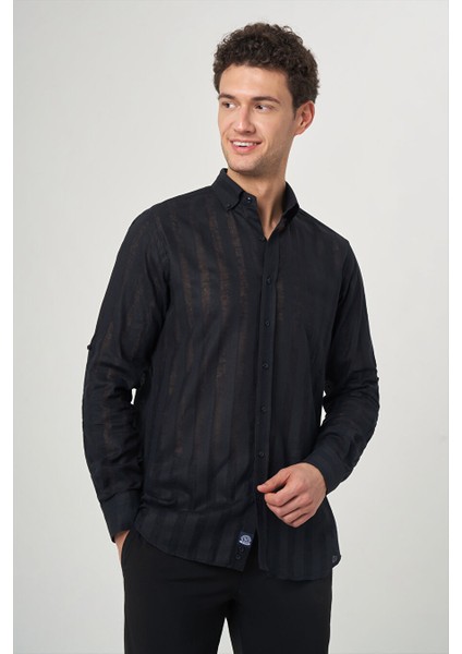 Erkek Regular Fit Transparan Gömlek Sıyah GM23Y231060_D99