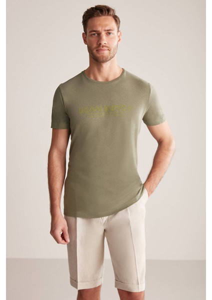Baskılı Keten Pamuk Karışımlı Haki T-Shirt