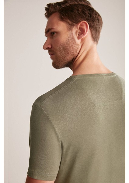 Baskılı Keten Pamuk Karışımlı Haki T-Shirt modelleri