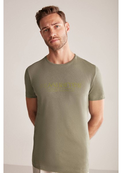 Baskılı Keten Pamuk Karışımlı Haki T-Shirt indirimleri