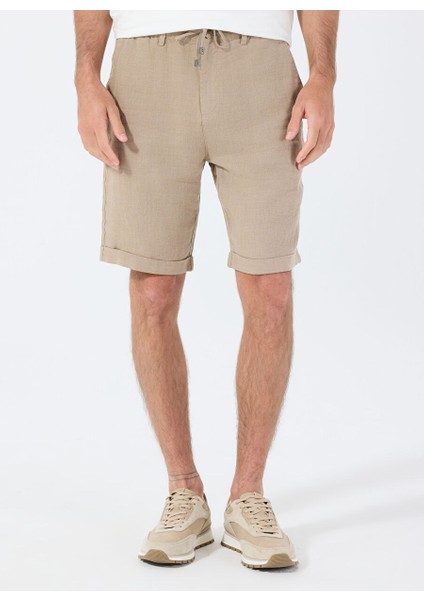 Açık Kahve Erkek Lastikli Regular Fit %100 Keten Bermuda Şort FC4SM-SHT 0928