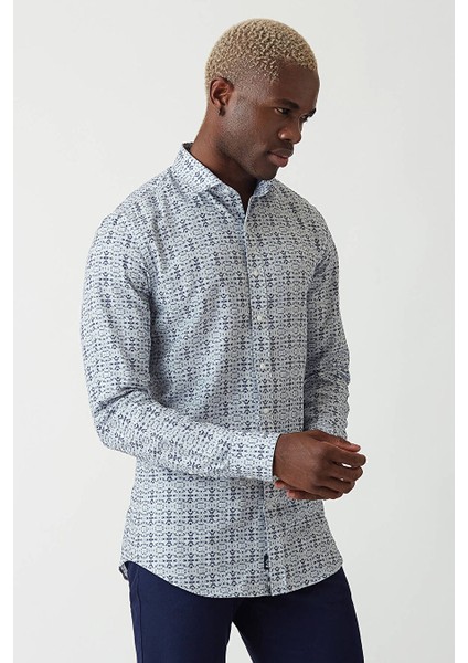 Erkek Slim Fit Uzun Kollu Desenli Spor Gömlek Lacivert GM22Y221153_C39 indirimleri