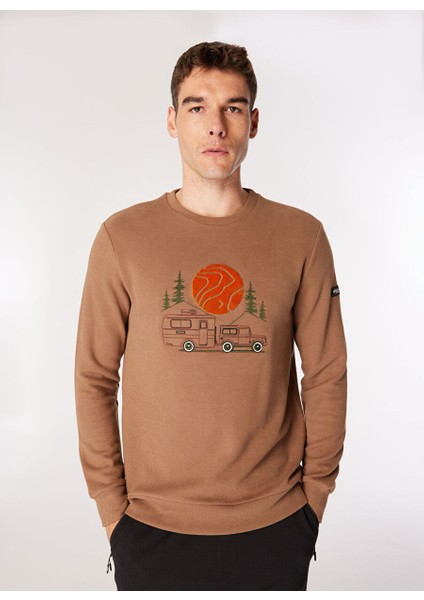 Açık Kahve Erkek Bisiklet Relaxed Nakışlı Sweatshirt D4WM-SWT3332