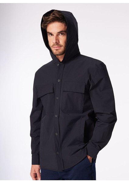 Lacivert Erkek Kapüşonlu Loose Fit Su Itici - Bi Strech Gömlek F4SM-GML 0113