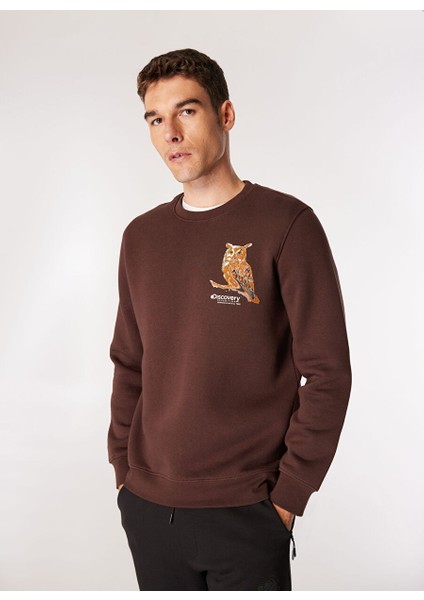 Kahve Erkek Bisiklet Relaxed Nakışlı Sweatshirt D4WM-SWT3078