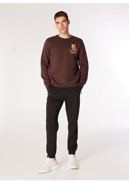Kahve Erkek Bisiklet Relaxed Nakışlı Sweatshirt D4WM-SWT3078