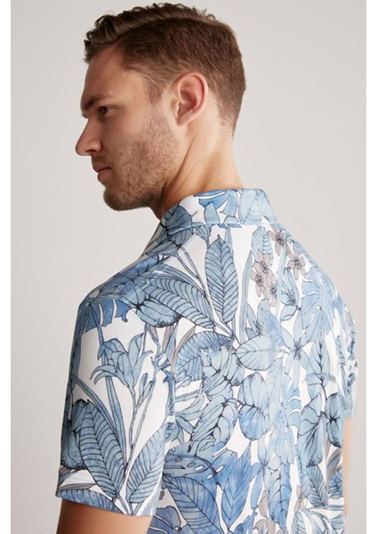 Çiçek Desenli Mavi Polo Yaka T-Shirt modelleri