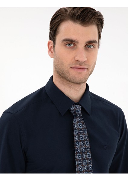 Lacivert Slim Fit Uzun Kollu Basic Gömlek