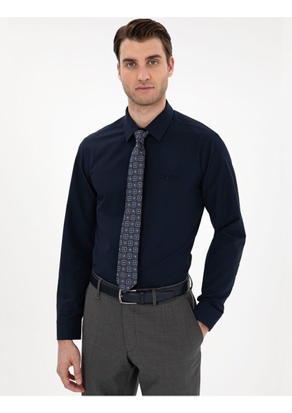 Lacivert Slim Fit Uzun Kollu Basic Gömlek