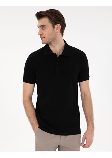 Siyah Slim Fit %100 Pamuk Polo Yaka Basic Tişört
