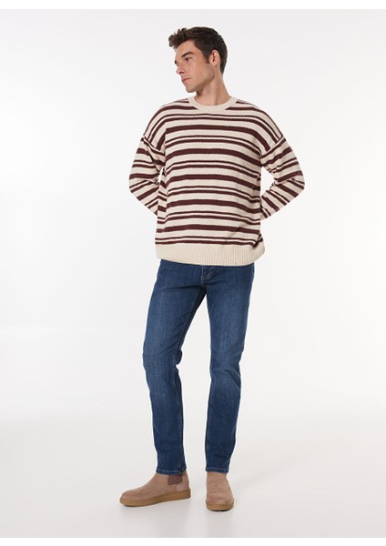 Erkek Kahve - Bej Bisiklet Yaka Loose Fit Çizgili Kazak M4WM-KZK-1622