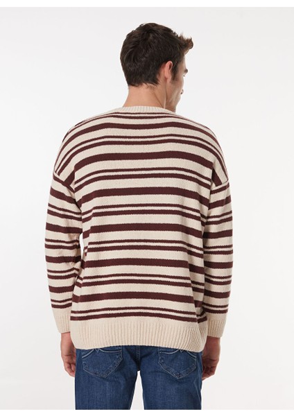 Erkek Kahve - Bej Bisiklet Yaka Loose Fit Çizgili Kazak M4WM-KZK-1622