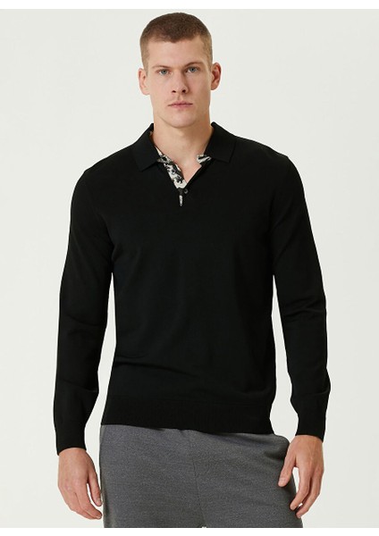 Siyah Erkek Düğmeli Slim Fit Düz Kazak 1091931