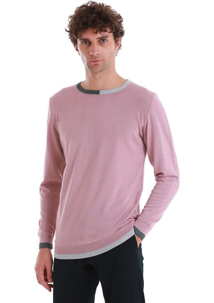 Pembe Regular Fit Düz Bisiklet Yaka Yünlü Triko Kazak
