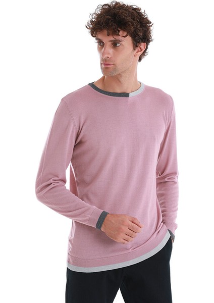 Pembe Regular Fit Düz Bisiklet Yaka Yünlü Triko Kazak