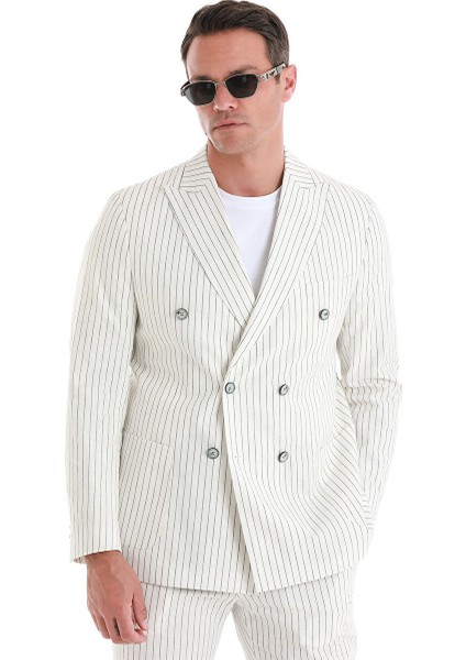 Beyaz Slim Fit Çizgili Kruvaze Keten Takım Elbise fırsatları