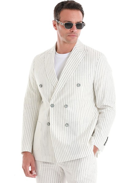 Beyaz Slim Fit Çizgili Kruvaze Keten Takım Elbise indirimleri