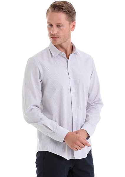 Gri Comfort Fit Çizgili Pamuklu Slim Yaka Uzun Kollu Spor Gömlek modelleri