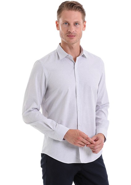 Gri Comfort Fit Çizgili Pamuklu Slim Yaka Uzun Kollu Spor Gömlek fırsatları