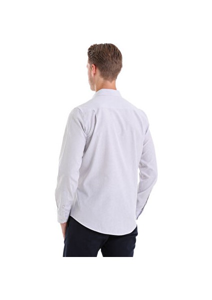 Gri Comfort Fit Çizgili Pamuklu Slim Yaka Uzun Kollu Spor Gömlek