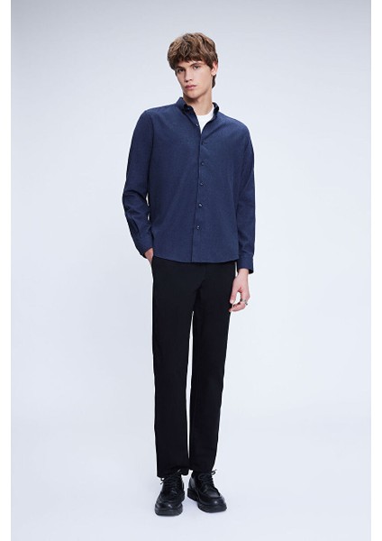 Lacivert Slim Fit Uzun Kol Düğmeli Yaka Flanel Gömlek fiyatları
