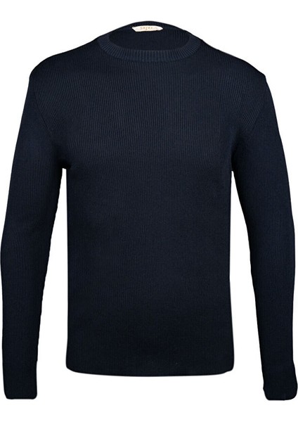 Lacivert Regular Fit Bisiklet Yaka Fitilli Triko Kazak