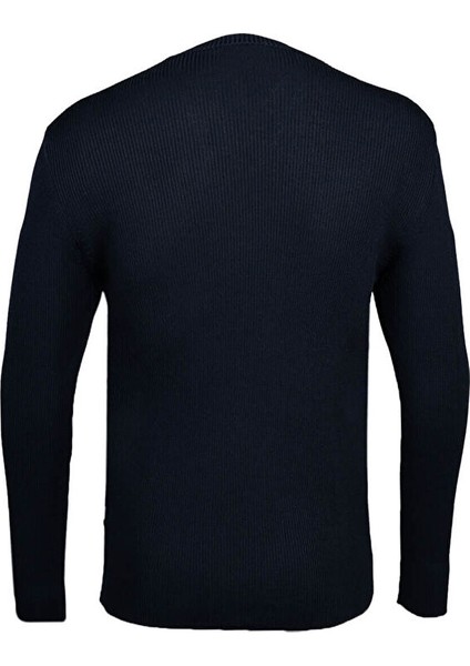 Lacivert Regular Fit Bisiklet Yaka Fitilli Triko Kazak