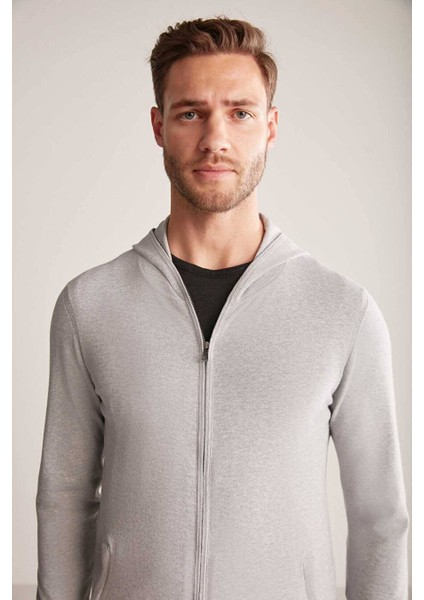 Slim Fit Gri Kapüşonlu Ince Hırka