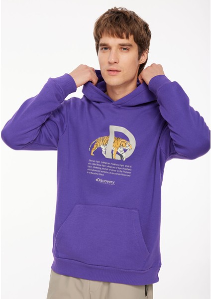 Mor Erkek Kapüşon Yaka Relaxed Fit Baskılı Sweatshirt D3WM-SWT41