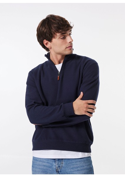 Lacivert Erkek Fermuarlı Basic Düz Sweatshirt MML4WM-SWT9517
