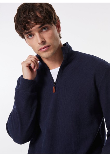 Lacivert Erkek Fermuarlı Basic Düz Sweatshirt MML4WM-SWT9517