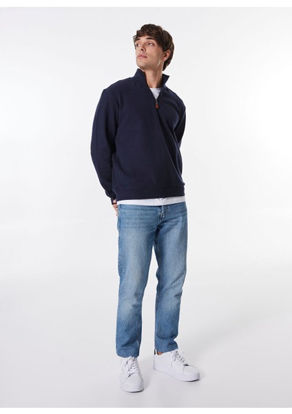 Lacivert Erkek Fermuarlı Basic Düz Sweatshirt MML4WM-SWT9517