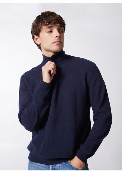 Lacivert Erkek Fermuarlı Basic Düz Sweatshirt MML4WM-SWT9517