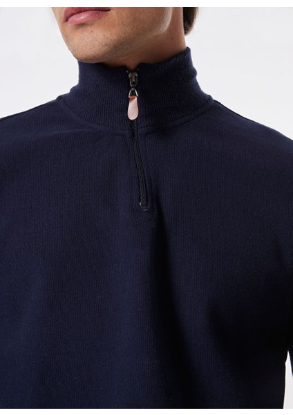 Lacivert Erkek Fermuarlı Basic Düz Sweatshirt MML4WM-SWT9517