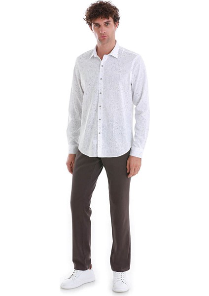 Beyaz Comfort Fit Baskılı Slim Yaka Uzun Kollu Spor Gömlek fiyatları