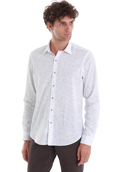 Beyaz Comfort Fit Baskılı Slim Yaka Uzun Kollu Spor Gömlek modelleri