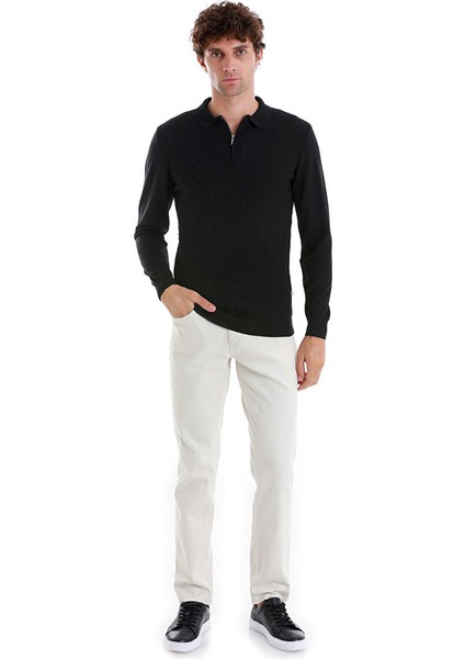Siyah Regular Fit Jakarlı Polo Yaka Yünlü Triko Kazak