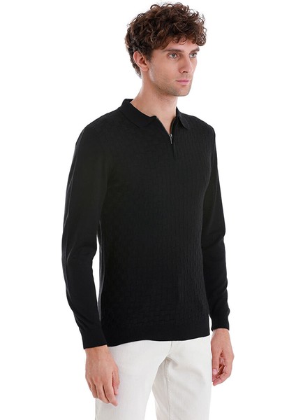 Siyah Regular Fit Jakarlı Polo Yaka Yünlü Triko Kazak