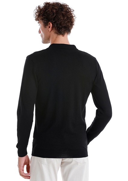 Siyah Regular Fit Jakarlı Polo Yaka Yünlü Triko Kazak