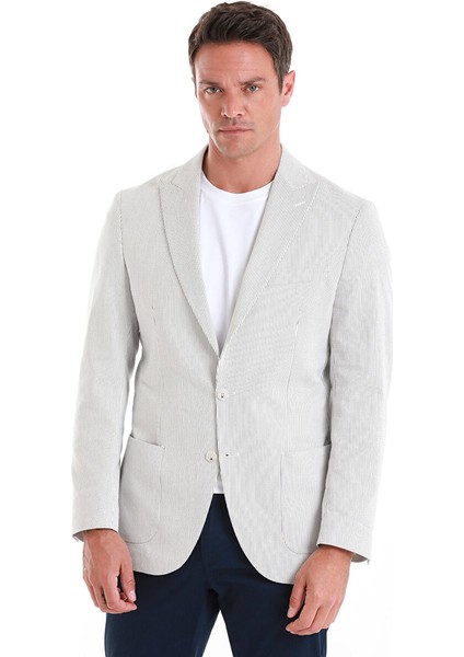 Beyaz Slim Fit Çizgili Sivri Yaka Casual Ceket