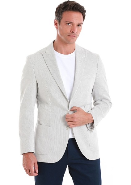 Beyaz Slim Fit Çizgili Sivri Yaka Casual Ceket indirimleri