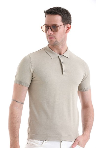Bej Regular Fit Düz Polo Yaka Tişört