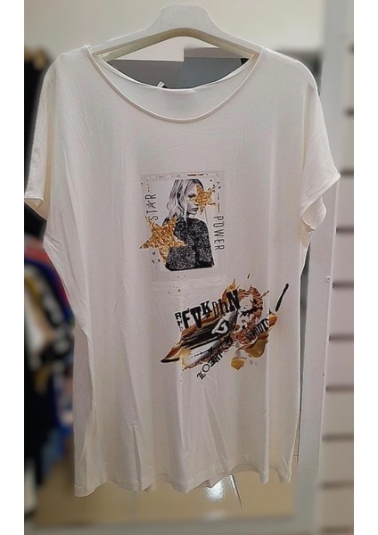 Ekru Önü Baskılı Viskon Bluz