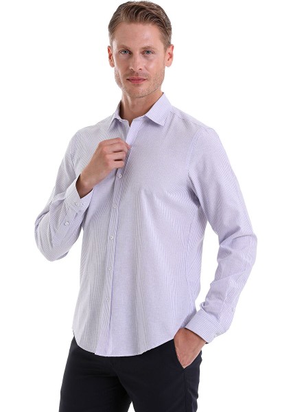 Lila Comfort Fit Çizgili Pamuklu Slim Yaka Uzun Kollu Spor Gömlek modelleri
