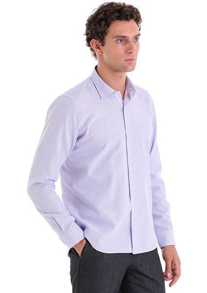 Lila Comfort Fit Çizgili Pamuklu Slim Yaka Uzun Kollu Casual Gömlek fiyatları