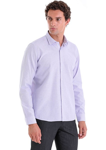 Lila Comfort Fit Çizgili Pamuklu Slim Yaka Uzun Kollu Casual Gömlek modelleri